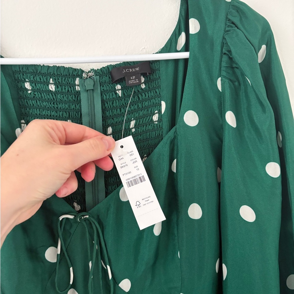 J Crew NEW Green White Polka Dot Sweetheart Long Sleeve Midi Dress Size 12 - Picture 9 of 13